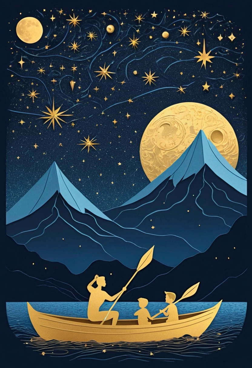 a gold moon with constellations behind a skewed volcanic mountain spewing comet shower and a boat with a man, and woman rowing and a small boy holding a star looking at the moon rowing towards the horizon, in the style of paper cut whimsy, animated gifs, logo, gold and midnight blue, subtle gradients, hurufiyya, tenwave