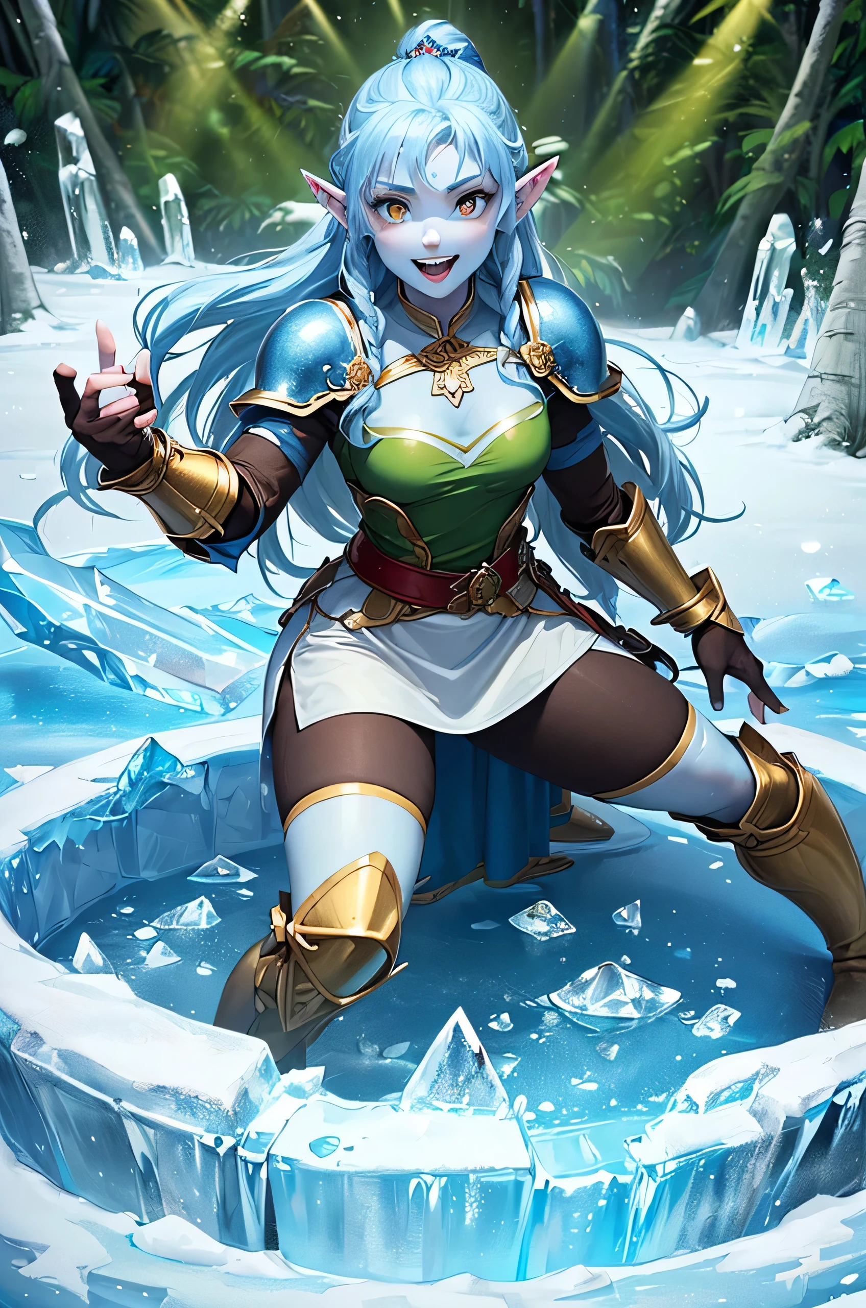 ((best quality)), ((masterpiece)), (detailed), ((((1girl)))), ((frozen princess)), (((blue skin))), (((elf ears))), ((yellow eyes)), (((brown tunic))), ((24 years old)), ((perfect fingers)), ((( jungle background))), ((fighting stance)), ((big smile)), (((perfect face))), (small breast), (((strong girl))), (((ice maiden))), (((shiva armor))), (((beautiful girl))), (((long icy hair))),