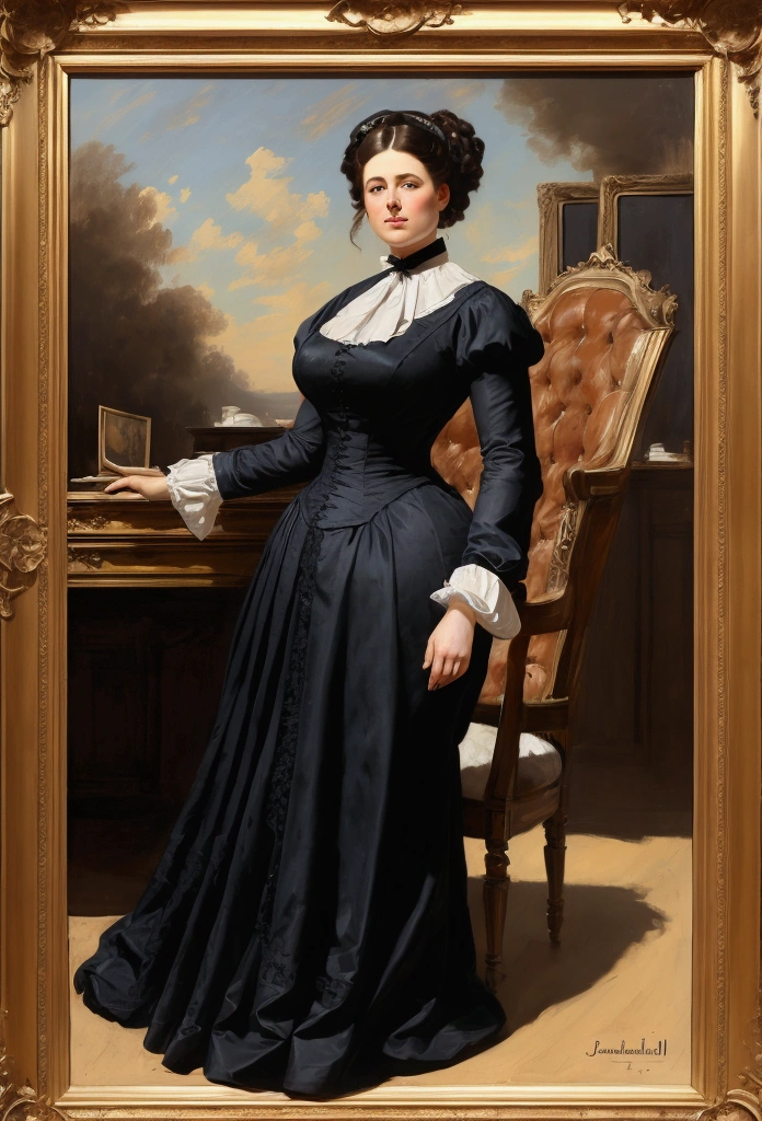 Full-length view, a tall, buxom, full-figured, pretty Victorian mature widow in a black dress and opulent updo hairstyle, standing in a Victorian office looking strict, by Jean Béraud, inspired by Jean Béraud, inspired by Édouard Detaille, edouard leon cortes, inspired by Ivan Kramskoi, inspired by Jean-Louis-Ernest Meissonier, by Édouard Detaille, inspired by Paul Émile Chabas