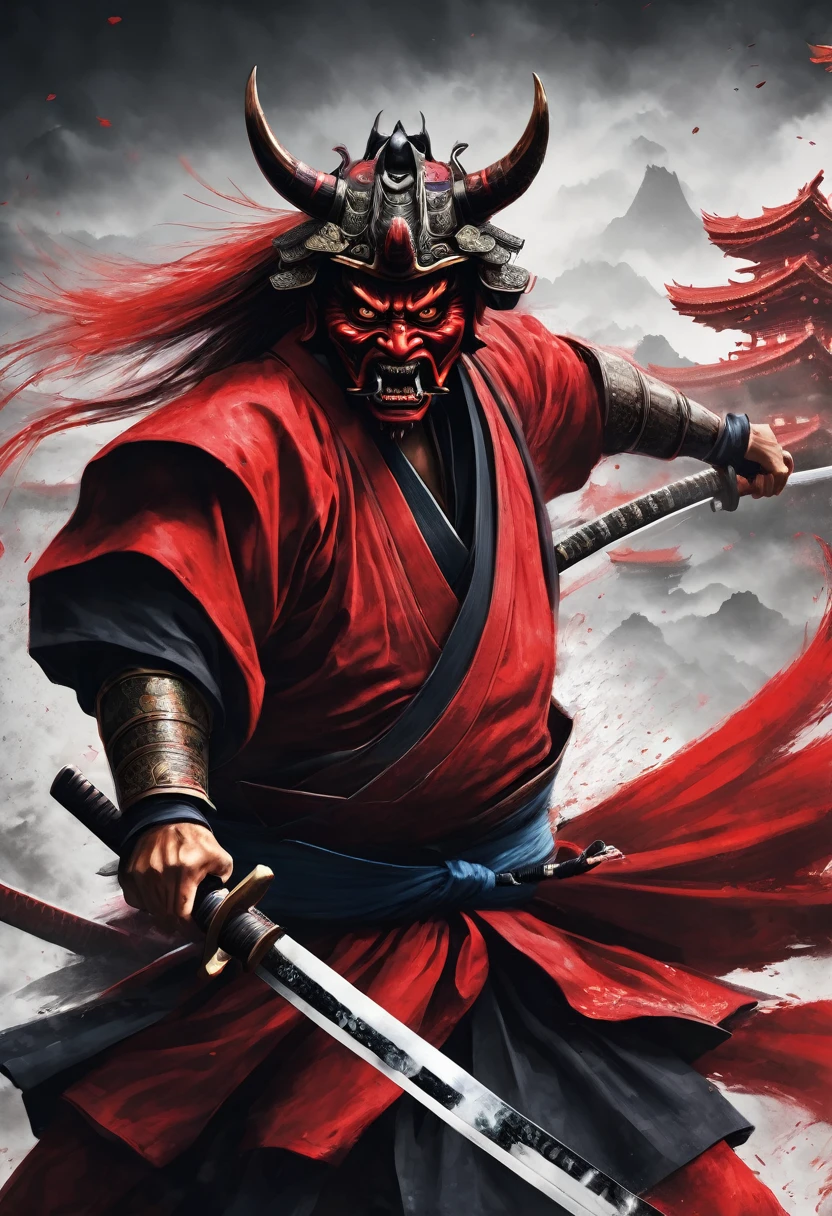 A red demon is coming towards me and attacking me.、A realistic samurai holds a Japanese sword