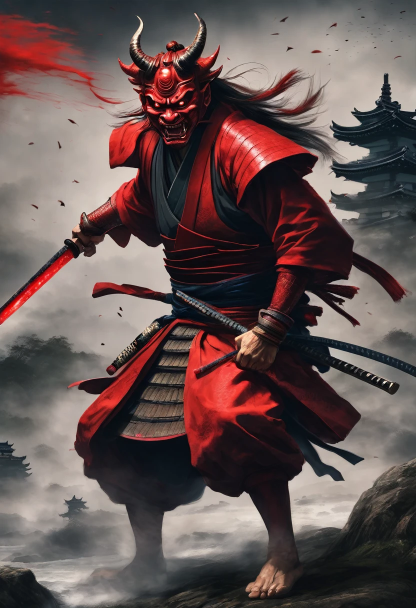 A red demon is coming towards me and attacking me.、A realistic samurai holds a Japanese sword