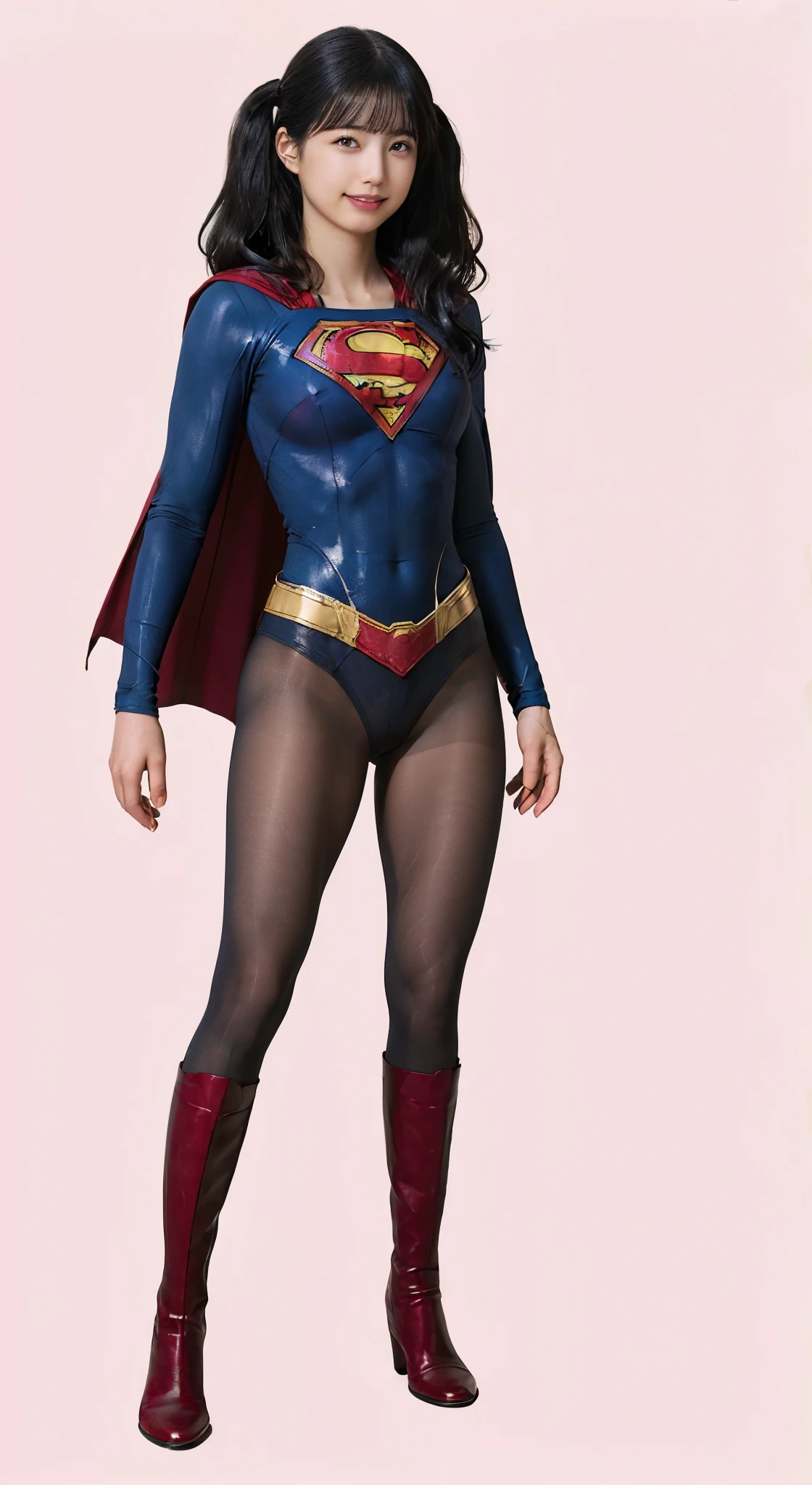 No background、(((Beautiful legs in black tights.)))、(((Legally express the beauty of your smile)))、((((Make the most of your original images)))、(((体にぴったりフィットするSupergirl Costume)))、(((Supergirl Costume)))、(((Beautiful hair with twin tails)))、(((suffering)))、(((Please wear black tights....、Wear red boots)))、((Best image quality、8k))、((Highest quality、8k、masterpiece:1.3))、(((Preserve background )))、Sharp focus:1.2、Beautiful woman with perfect figure:1.4、Slim Abs:1.2、Wet body:1.5、Highly detailed face and skin texture、8k