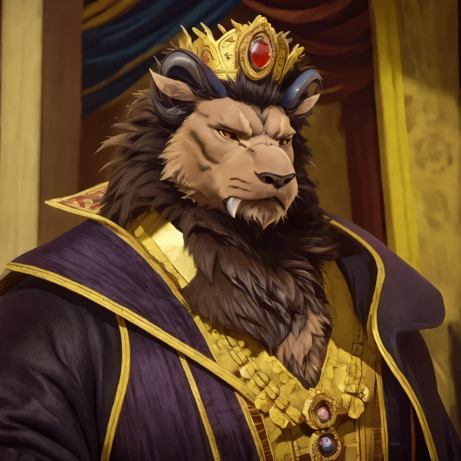 A breathtaking oil painting, resembling the iconic medieval Russian emperor, adorned in regal attire and jewelry, exuding an air of authority and power. The artist meticulously captures every detail of face, highlighting his piercing gaze and stern expression, as if he were surveying his vast empire. His flowing beard, a symbol of wisdom and strength, is painted with precision, each individual hair carefully rendered. The intricate embroidery on his richly colored robe is a testament to the artist's hyper-detailed textile style, reminiscent of the finest works from the era of medieval emperors. The golden eagle, symbol of Russia, adorns his crown, while a jeweled scepter rests at his side, further emphasizing his status as a powerful leader. The artist's masterful use of light and shadow adds depth and dimension to the painting, transporting the viewer back in time to the opulent world of medieval Russia. This realistic oil painting is a tribute to king status as a modern-day emperor and a testament to the artist's unparalleled skill, which transcends time and place, (1man), (male:1.2), old, aged up, exquisite face, angular jawline, finely detailed eyes and face, physique exudes strength and power, face portrait from an anthro male beast, RAW candid cinema, 16mm, color graded portra 400 film, remarkable color, ultra realistic, textured skin, realistic dull skin noise, visible skin detail, skin fuzz, dry skin, shot with cinematic camera, high quality photography, 3 point lighting, flash with softbox, 4K, Canon EOS R3, hdr, smooth, sharp focus, high resolution, award winning photo, 80mm, f2.8, bokeh, face close, finely detailed eyes and face, face portrait from an anthro male beast,detailed fur, realistic fur, animal fur, thick fur, shaggy character, animal, face close, (Highest quality, 32K High Resolution:1.2, Very detailed, Realistic, photoRealistic, masterpiece,), Official Art, Full Body View, male, good looking, Majestic Beast, Dark sienna brown fur, Black Mane, Leonhard, Muscular body, Crimson Eyes, Serious look , Small ears, Curved black horns, Long upper jaw crab teeth