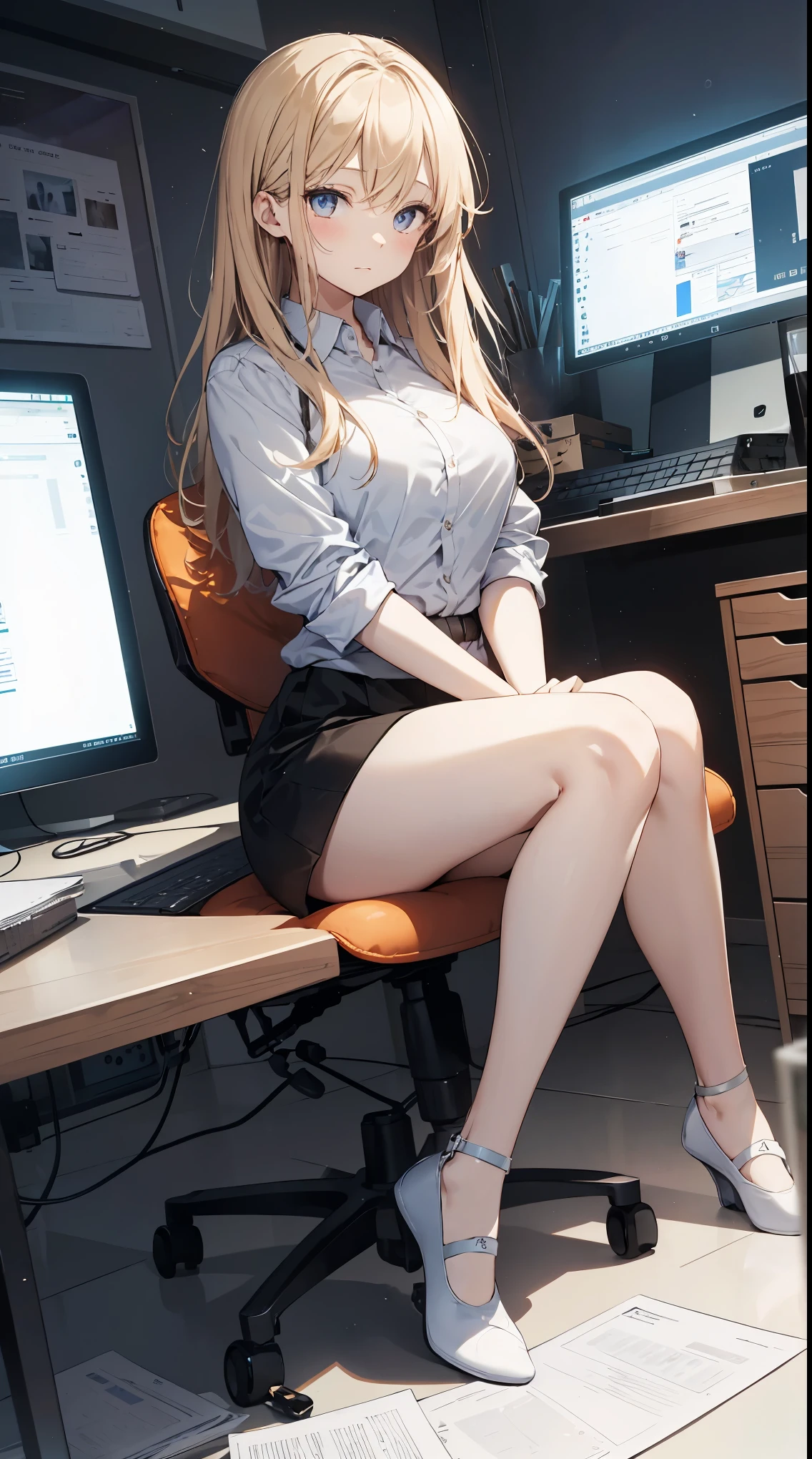 photorealistic, indirect lighting, volumetric light, ray tracing, hyper-detailed, best quality, ultra-high resolution, HDR, 8k, beautiful Slavic girl, long red hair, green eyes, short black skirt, black fishnet tights, black heels, unbotton white blouse, bare small refined breasts, narrow nipples, sitting on chair, office on background, breast grabbing