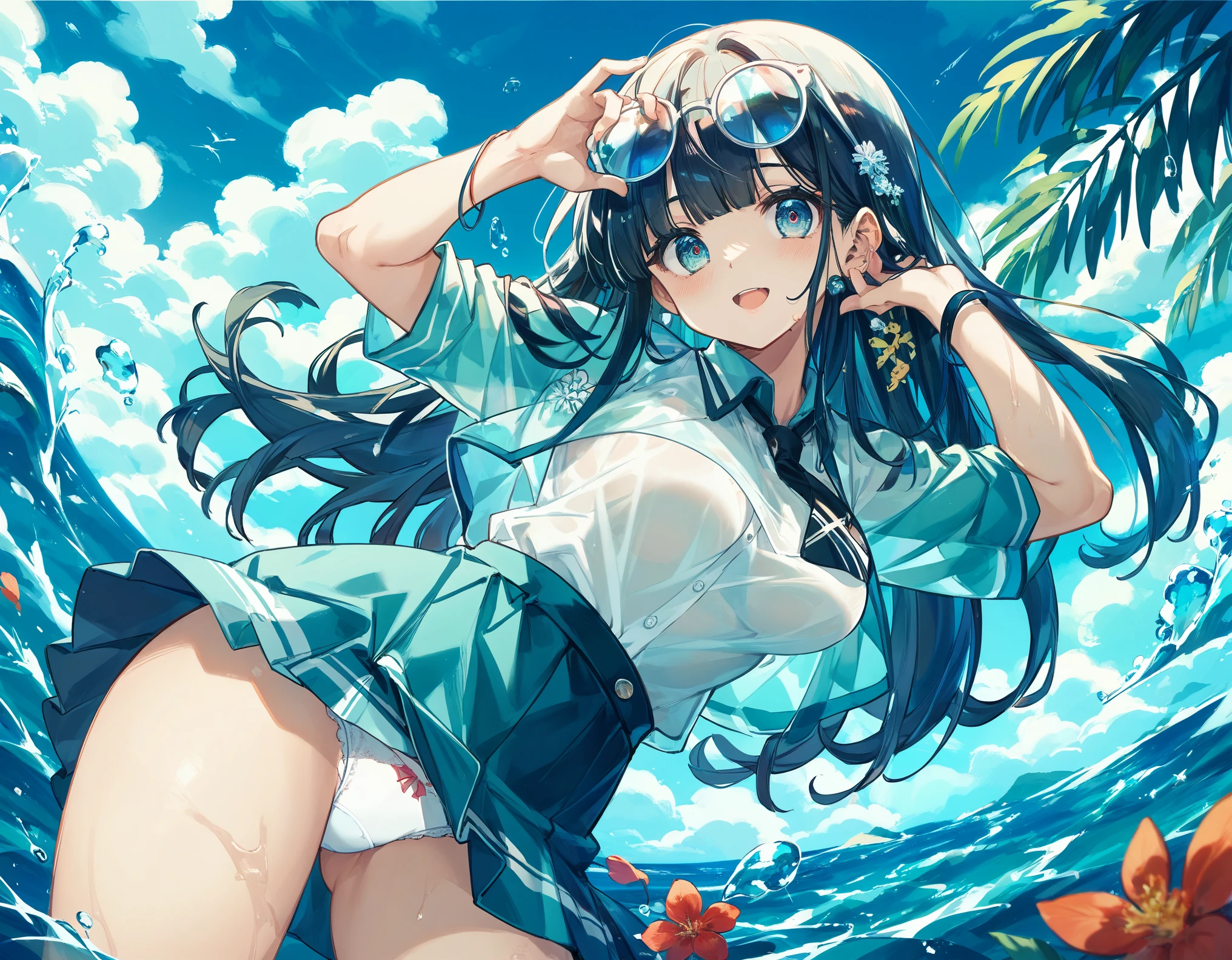  sticking to the shirt、Her breasts are visible through her blue and white striped shirt、Blue flared skirt、She lifts her skirt to reveal her cute white lace underwear、Girl with long black hair and glasses、whole body、Sandy beach and blue sky