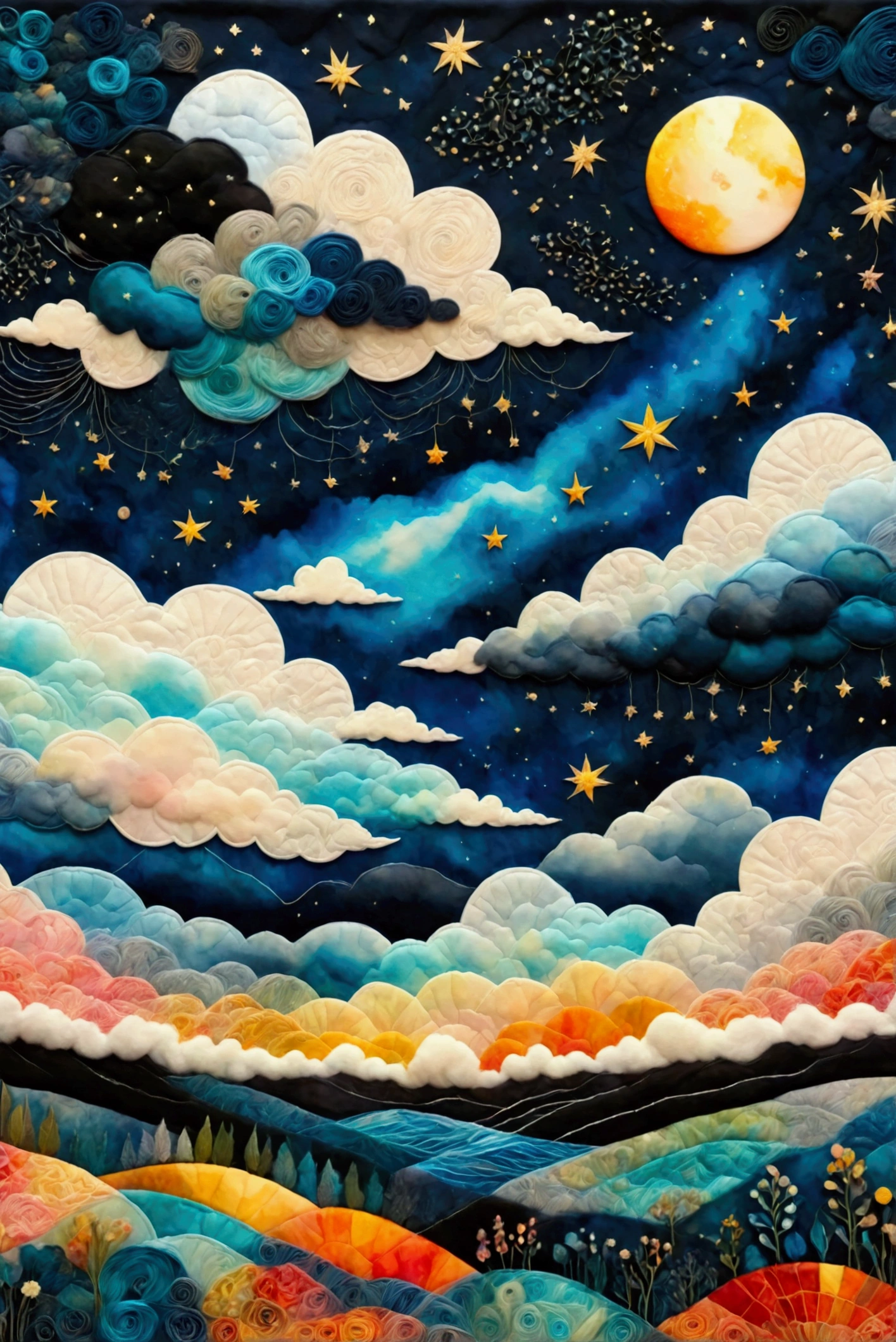 create artistic handmade pieces,This is a dreamy and colorful work that looks like an illustration in a picture book.,Collage using various art materials,A sky pattern drawn by mixing blue and black,watercolor style background,cloth,quilting,Embroidery thread,beads,((Cumulonimbus cloud: Cotton-like, fluffy cloud)),Ocean,summer sky,rich expression,Use various patterns such as geometric patterns and traditional patterns,An imaginative dream world,happy dream,artwork,patchwork,intricate details,anatomically correct,perfect anatomy,kind,rich colors,Careful in every detail,structurally correct