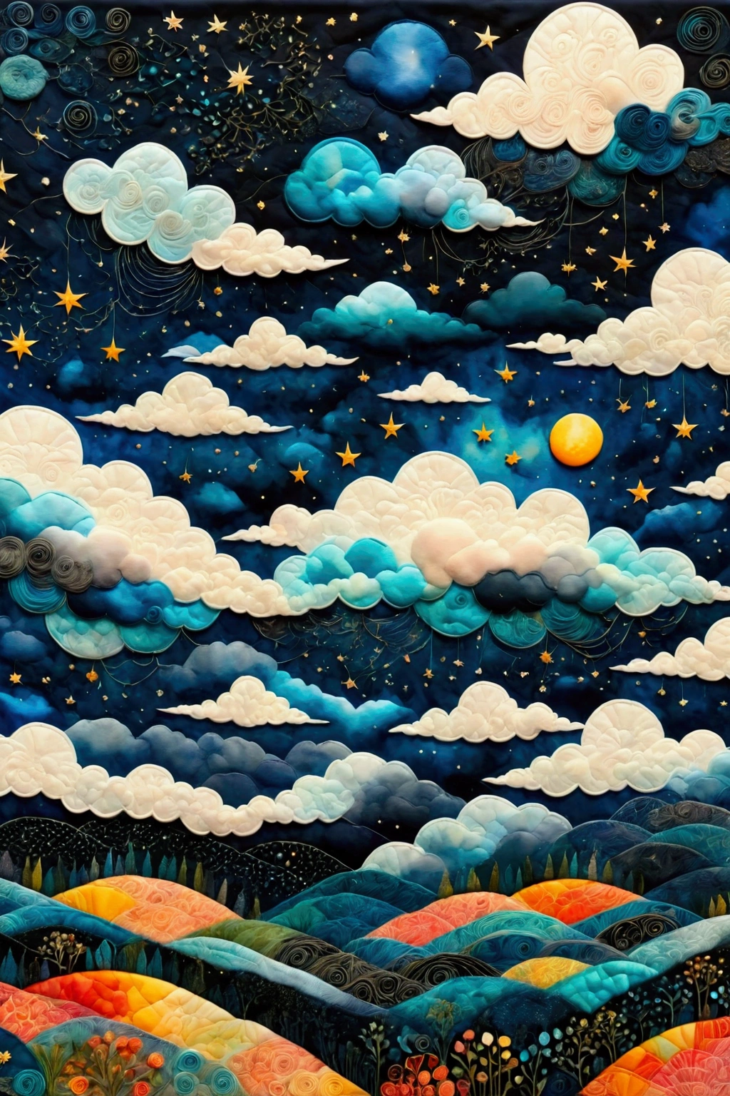 create artistic handmade pieces,This is a dreamy and colorful work that looks like an illustration in a picture book.,Collage using various art materials,A sky pattern drawn by mixing blue and black,watercolor style background,cloth,quilting,Embroidery thread,beads,((Cumulonimbus cloud: Cotton-like, fluffy cloud)),Ocean,summer sky,rich expression,Use various patterns such as geometric patterns and traditional patterns,An imaginative dream world,happy dream,artwork,patchwork,intricate details,anatomically correct,perfect anatomy,kind,rich colors,Careful in every detail,structurally correct