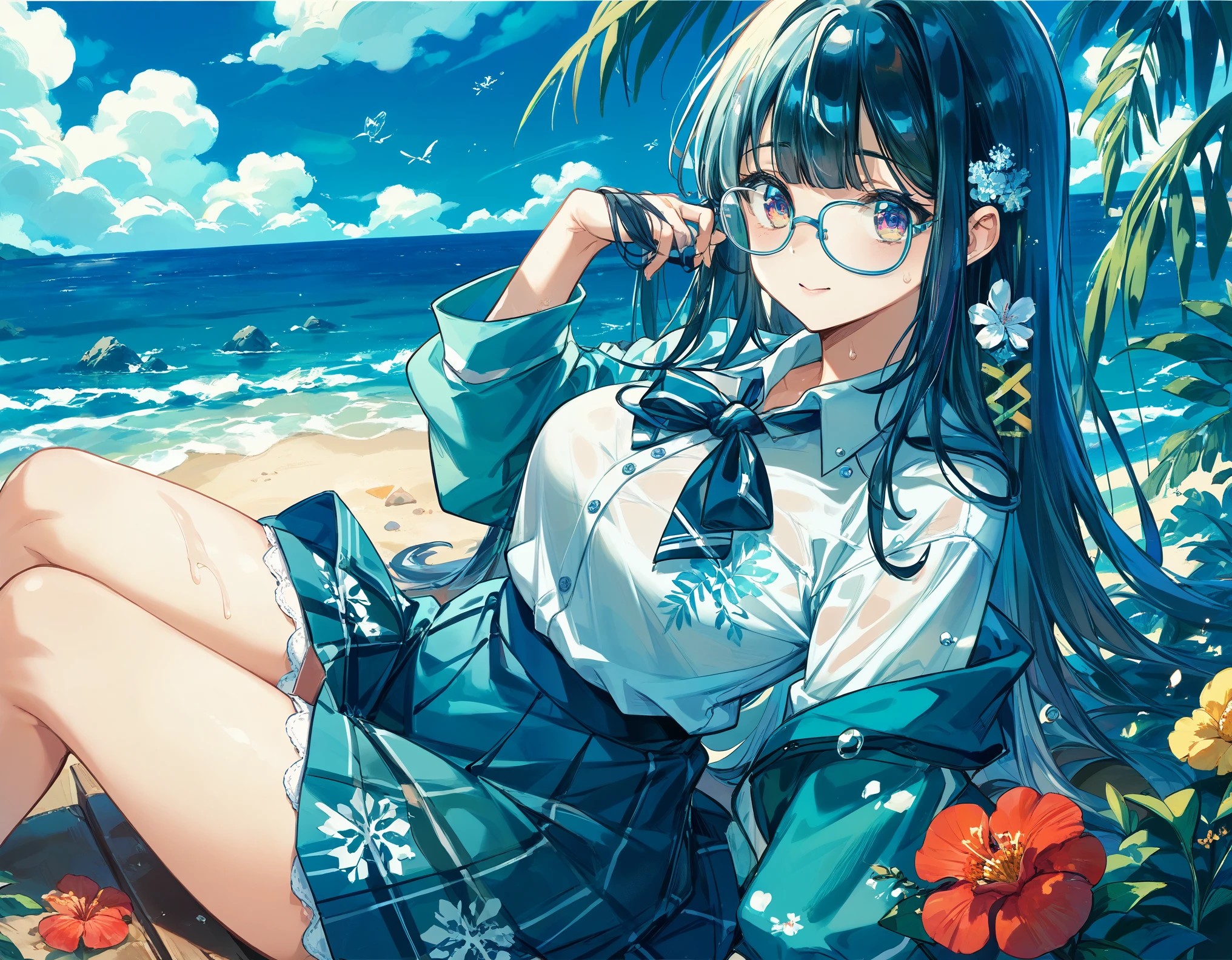  sticking to the shirt、Her breasts are visible through her blue and white striped shirt、Blue flared skirt、She lifts her skirt to reveal her cute white lace underwear、Girl with long black hair and glasses、whole body、Sandy beach and blue sky