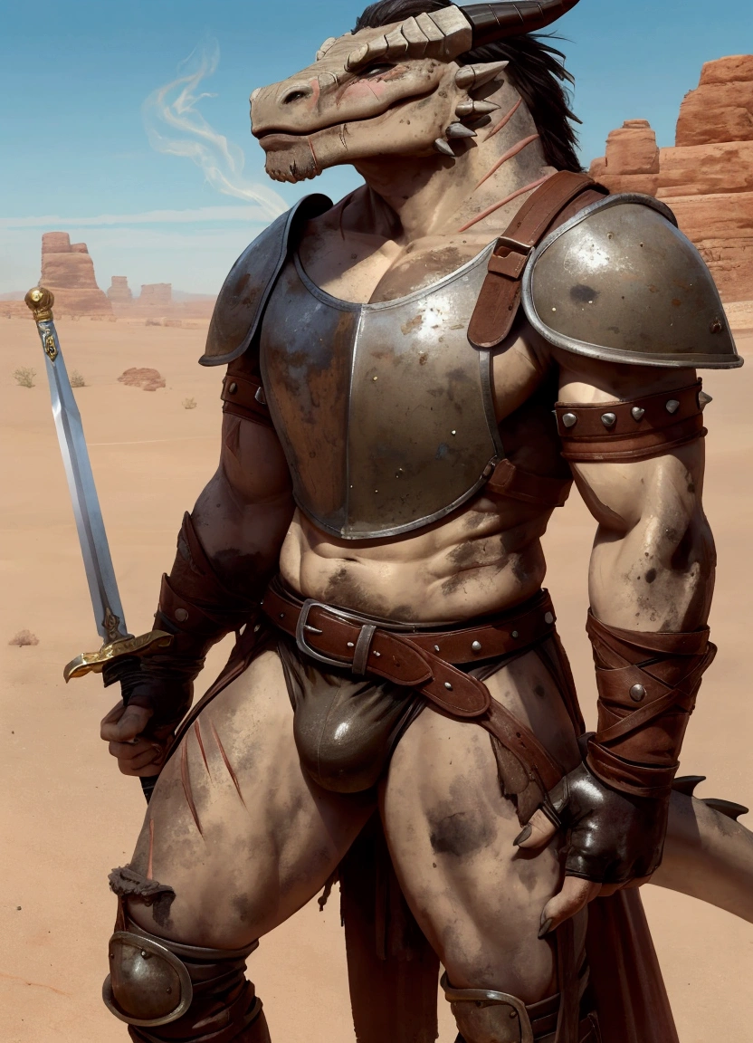 Solo Sexy anthro scalie dragon male mercenary medieval solider, slim endomorph muscular handsone model male apperance, sword scars, worn out rusty skimpy armament, low on hips heavy leather belt, old very worn out skimpy dirty linen material jockstrap, old yellow dirty worn out stains on white jockstrap, studded skimpy armlets breastplate armor, skimpy breastplate, leather bondages, fingerless leather gloves, smelly unwashed husk, dirty body look, desert battlefield, standing in sexy fighting position, close view of full character