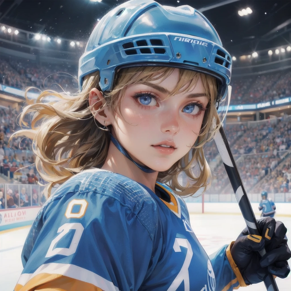 masterpiece, (textured skin), best quality, gorgeous beautiful girl, (a female ice hockey athlete), detailed clothes,large breasts,narrow waist,, (beautiful face), cinematic lighting, (at ice hockeyl venue ),