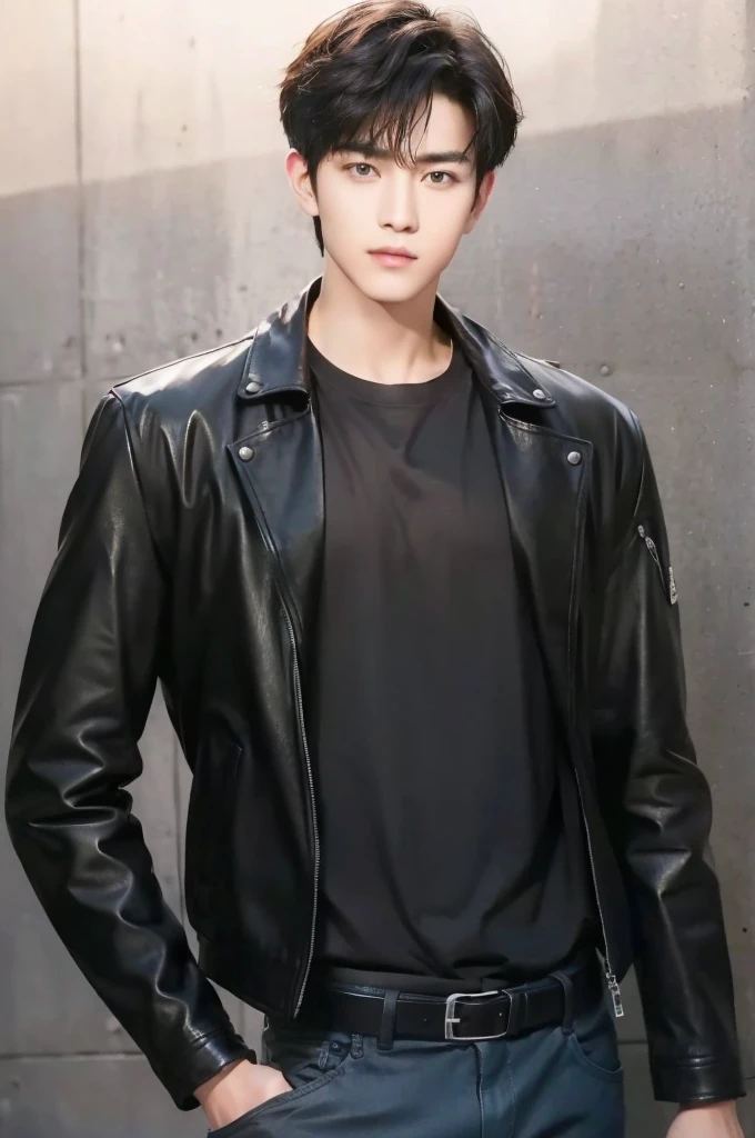 at office，wearing black leather jacket，two block haircut, Attractive man，Live-action photo，Handsome and sunny，（SLR effect，Reality，8K，Hyper-detailing，Absolute realism）