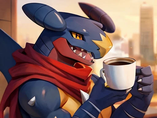 A Garchomp holding a cup of coffee wearing a red and blue scarf with a happy expression