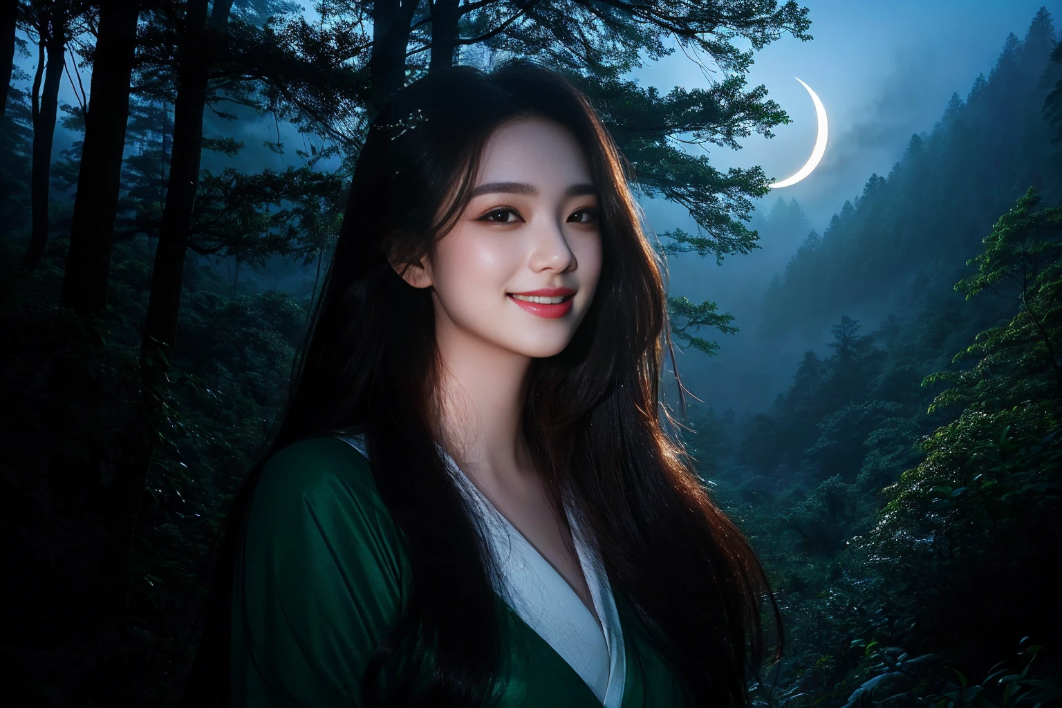 Highest quality masterpiece Beautiful woman smiling and gazing at the crescent moon in a misty forest Photo style Fantasy dramatic