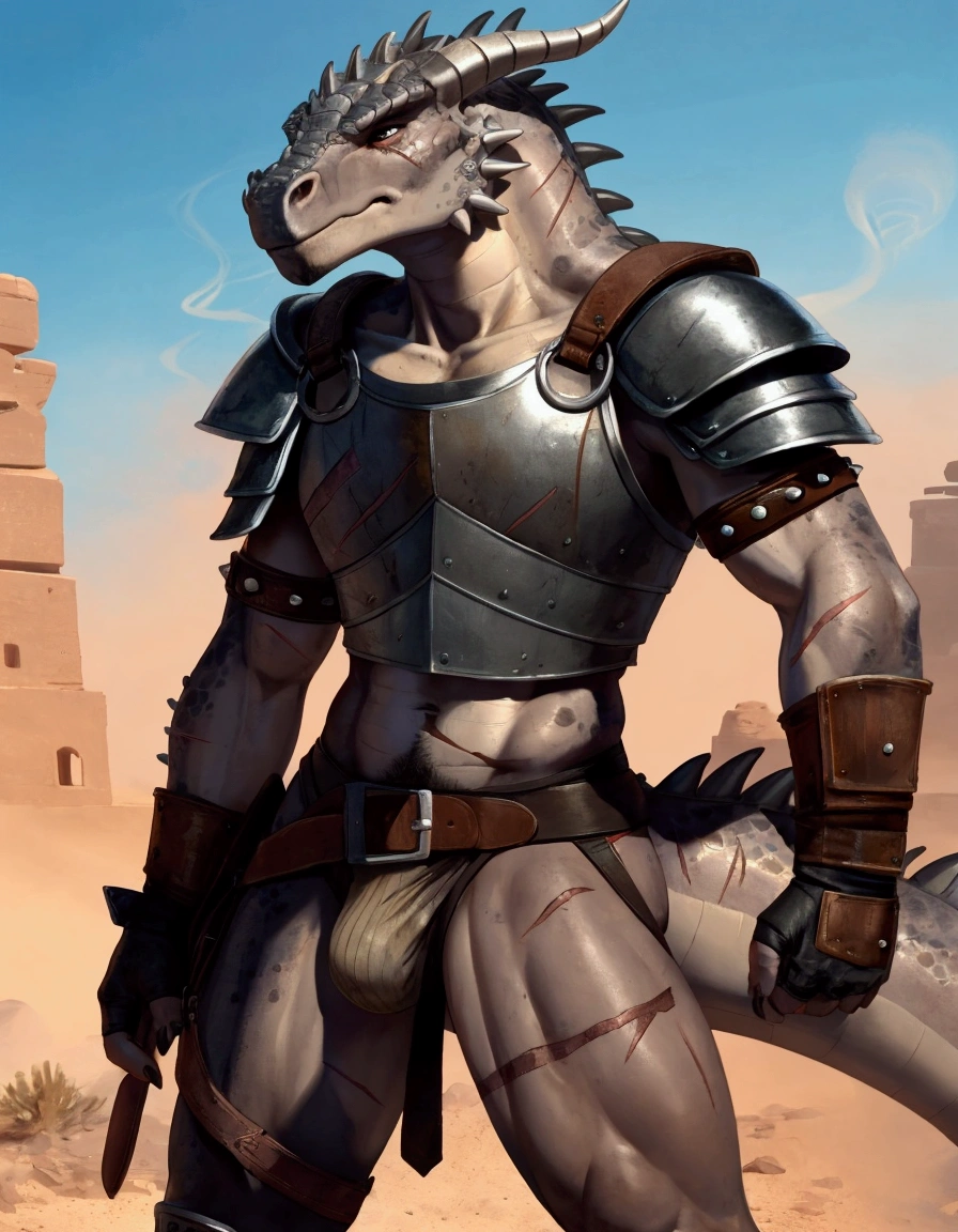 Solo anthro scalie dragon male mercenary medieval solider, slim endomorph muscular handsone model male apperance, sword scars, worn out rusty skimpy armament, low on hips heavy leather belt, old very worn out skimpy dirty linen material jockstrap, old yellow dirty worn out stains on white jockstrap, erection of dick under jockstrap, cum cumshoot drops from tip of jocstrap, studded skimpy armlets breastplate armor, skimpy breastplate, leather bondages, fingerless leather gloves, smelly unwashed husk, dirty body look, desert battlefield, standing in sexyhting position, close view of full character