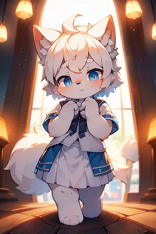 short white haired,( big blue eyes),anthropomorphic standing furry little wolf,((full body furry)), cute,(head bust close-up),Beautiful lights and shadows,delicate eyes,were white skirt，8k, highres, masterpiece, usharp focus, extreme detail description, professional, vivid colors, bokeh
