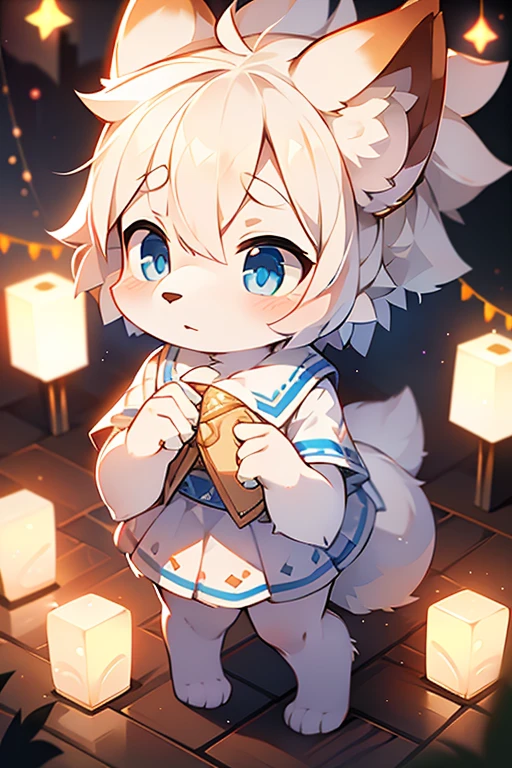 (shy),short white haired,( big blue eyes),anthropomorphic standing furry little wolf,((full body furry)), cute,(head bust close-up),Beautiful lights and shadows,delicate eyes,were white skirt,8k, highres, masterpiece, usharp focus, extreme detail description, professional, vivid colors, bokeh