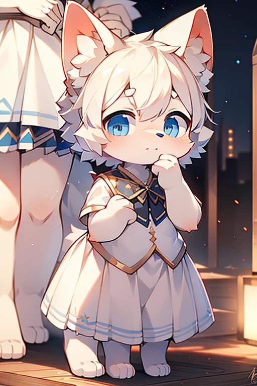 （shy），short white haired,( big blue eyes),anthropomorphic standing furry little wolf,((full body furry)), cute,(head bust close-up),Beautiful lights and shadows,delicate eyes,were white skirt，8k, highres, masterpiece, usharp focus, extreme detail description, professional, vivid colors, bokeh