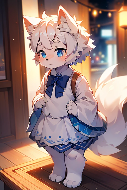 short white haired,( big blue eyes),anthropomorphic standing furry little wolf,((full body furry)), cute,(head bust close-up),Beautiful lights and shadows,delicate eyes,were white skirt，8k, highres, masterpiece, usharp focus, extreme detail description, professional, vivid colors, bokeh