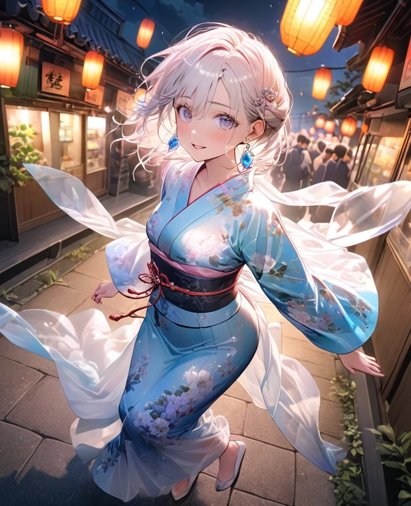 8K,gal,an extremely delicate and beautiful,Beautiful and realistic skin,Shiny jewel-like earrings,Shine like glitter long silver hair,beautiful eyes,floral pattern yukata,full body,Clothes are transparent,night