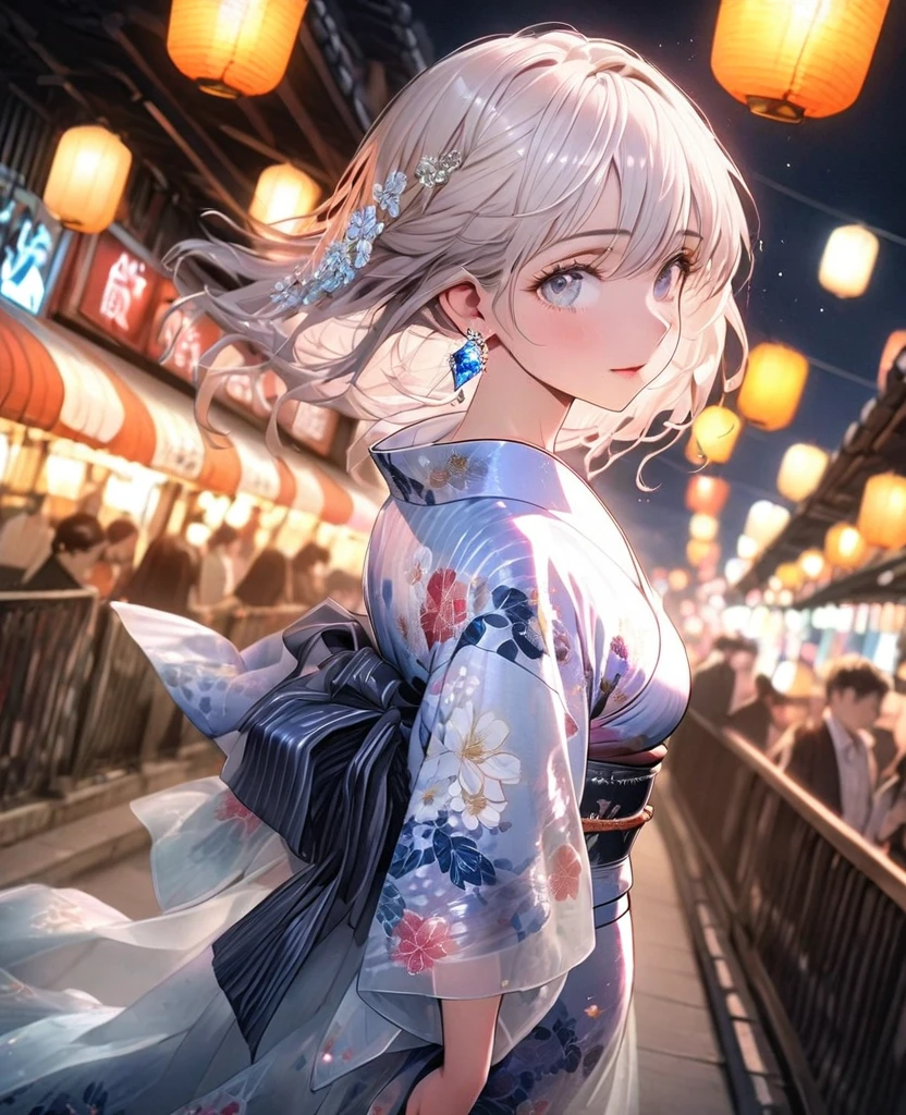 8K,gal，an extremely delicate and beautiful,Beautiful and realistic skin,Shiny jewel-like earrings,Shine like glitter long silver hair,beautiful eyes,floral pattern yukata,full body,Clothes are transparent,night