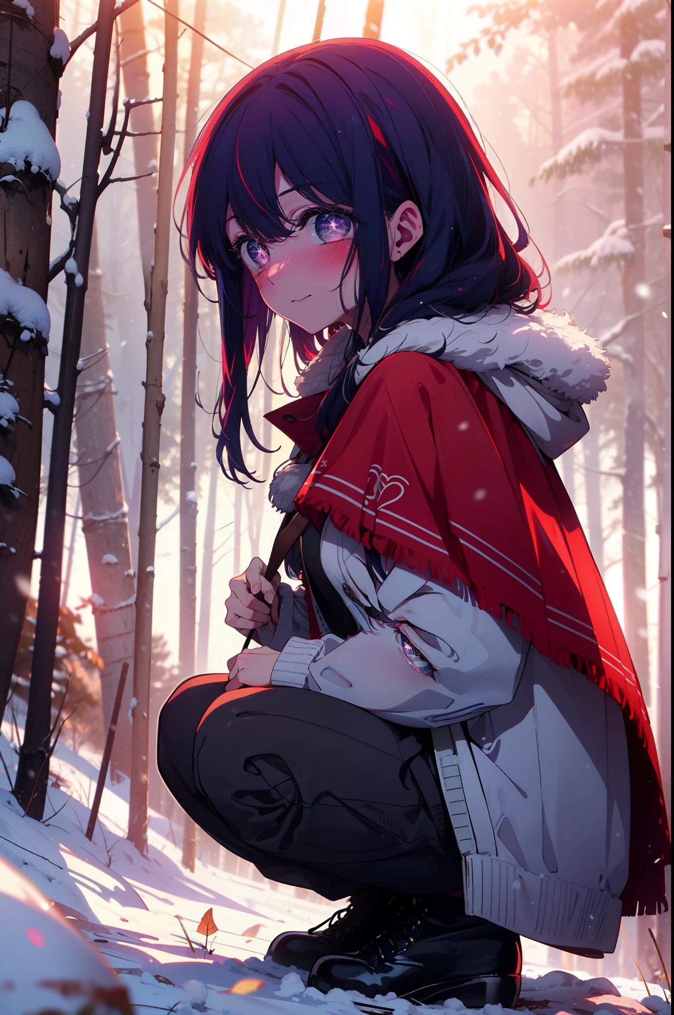 aihoshino, Ai Hoshino, Long Hair, bangs, (Purple eyes:1.1), Purple Hair, (Symbol-shaped pupil:1.5), smile,,smile,blush,white breath,
Open your mouth,snow,Ground bonfire, Outdoor, boots, snowing, From the side, wood, suitcase, Cape, Blurred, , forest, White handbag, nature,  Squat, Mouth closed, Cape, winter, Written boundary depth, Black shoes, red Cape break looking at viewer, Upper Body, whole body, break Outdoor, forest, nature, break (masterpiece:1.2), Highest quality, High resolution, unity 8k wallpaper, (shape:0.8), (Beautiful and beautiful eyes:1.6), Highly detailed face, Perfect lighting, Highly detailed CG, (Perfect hands, Perfect Anatomy),