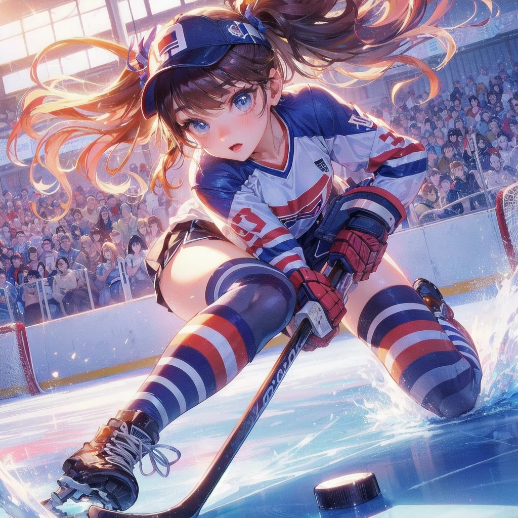  masterpiece, (textured skin), best quality, gorgeous beautiful girl, (a female ice hockey athlete), detailed clothes,large breasts,narrow waist,, (beautiful face), cinematic lighting, (at ice hockeyl venue ),