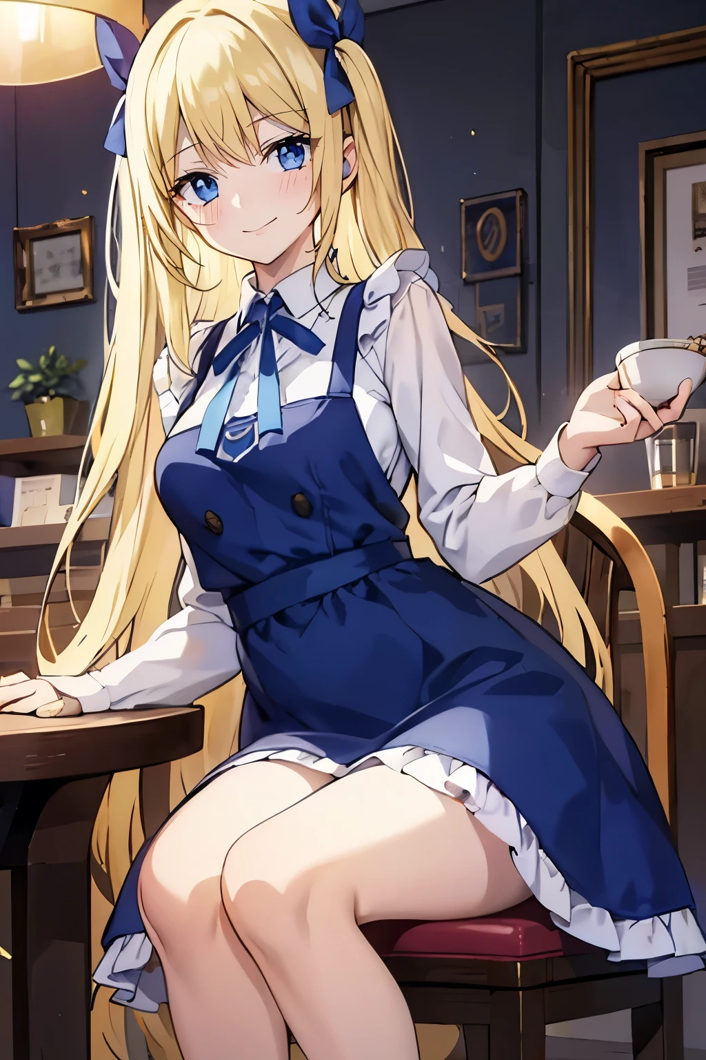 Safe for work, masterpiece, best quality, solo, 1 girl,   (young female body:1.4), ( medium breasts), golden yellow hair, extra long hair, blunt bangs, crystal blue eyes, very detailed eyes, sitting in a chair, elegant, smiling, cute girl, cowboy shot, coffee shop, restaurants background, suspendors dress, white and blue apron dress, ribbons, bows, dark blue apron dress, blue suspendors