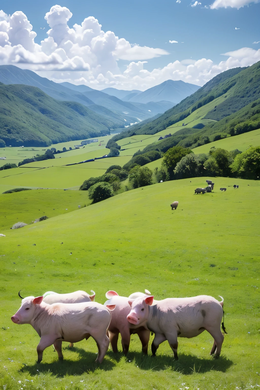 Under the unblemished azure sky dotted with fluffy white clouds, a serene farm sprawls before us. Lush green pastures stretch out, hosting a harmonious congregation of leisurely grazing cattle and sheep. Their postures exude a sense of grace and vitality, moving harmoniously with the rhythm of nature. In the midst of this idyll, a group of playful pigs wallows in the mud, their rolls and laughter adding a lively contrast to the tranquility. Their delight is palpable, a testament to the simple pleasures in life. The whole scene exudes a peaceful and content atmosphere, a tableau of nature's unadulterated beauty and