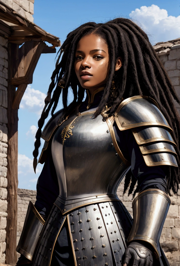 18 year old black woman、Beauty、Blonde、Warrior in armor、Exposed Armor、Dreadlocks、background　Medieval port town、high resolution