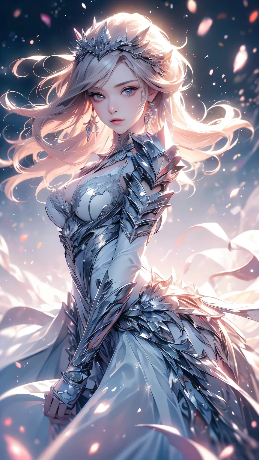 (((Tabletop))), (((Highest quality))), ((Very detailed)), (Very detailed photos), ((Very delicate and beautiful)),(Cute delicate face),here is a digital art of a very futuristic looking female that has armor and armss, One Girl, arms, alone, sf, Holding, Holding arms, roboT,Beautiful face and eyes, double eyelid,Delicate skin,Slim figure、Dress and armor