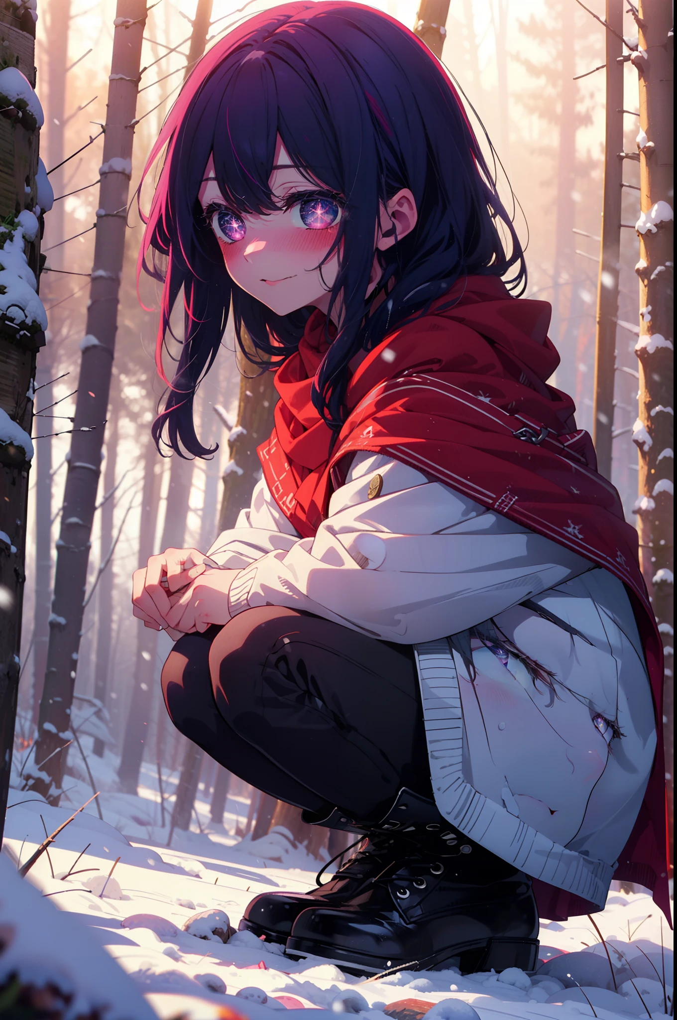 aihoshino, Ai Hoshino, Long Hair, bangs, (Purple eyes:1.1), Purple Hair, (Symbol-shaped pupil:1.5), smile,,smile,blush,white breath,
Open your mouth,snow,Ground bonfire, Outdoor, boots, snowing, From the side, wood, suitcase, Cape, Blurred, , forest, White handbag, nature, Squat, Mouth closed, Cape, winter, Written boundary depth, Black shoes, red Cape break looking at viewer, Upper Body, whole body, break Outdoor, forest, nature, break (masterpiece:1.2), Highest quality, High resolution, unity 8k wallpaper, (shape:0.8), (Beautiful and beautiful eyes:1.6), Highly detailed face, Perfect lighting, Highly detailed CG, (Perfect hands, Perfect Anatomy),