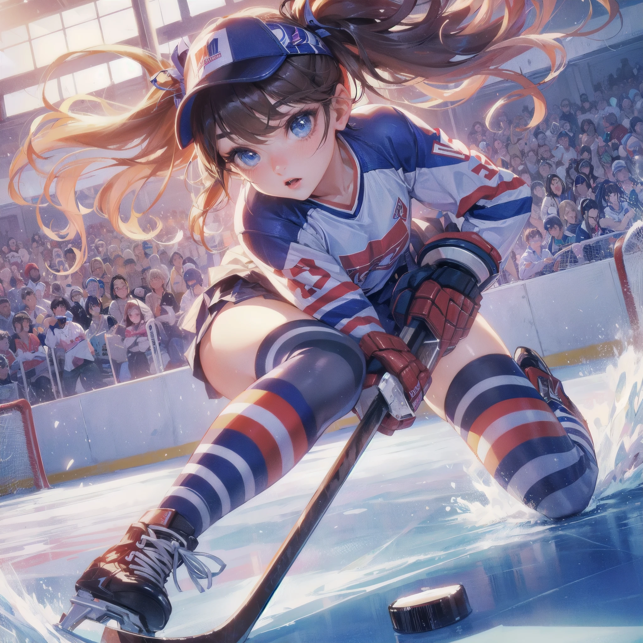  masterpiece, (textured skin), best quality, gorgeous beautiful girl, (a female ice hockey athlete), detailed clothes,large breasts,narrow waist,, (beautiful face), cinematic lighting, (at ice hockeyl venue ),