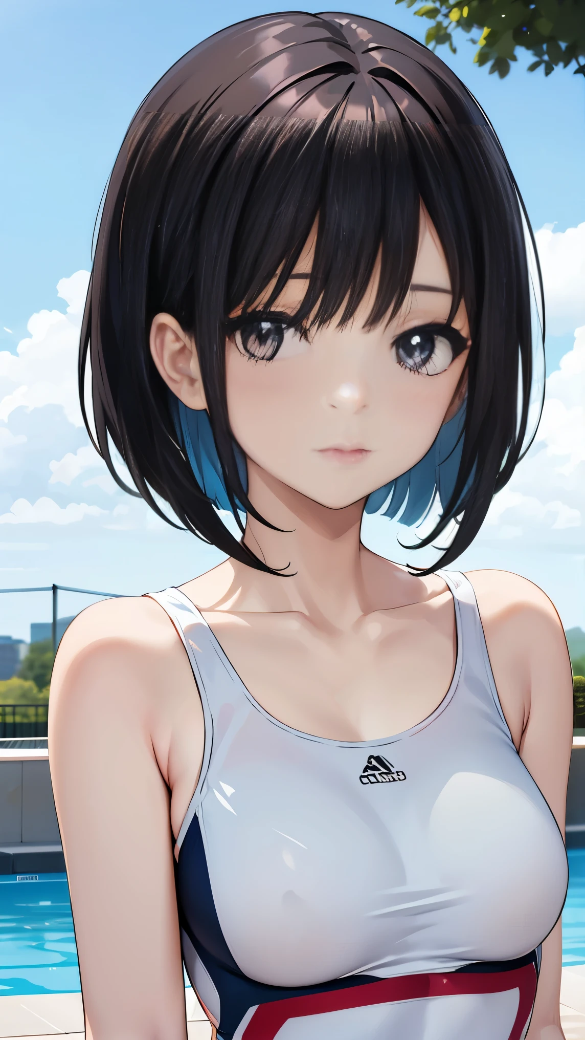 black hair, bob cut, cinematic lighting, masterpiece, accurate, anatomically correct, textured skin, super detail, high details, best quality, best quality, face focus, soft light, ultra high res, Japanese girl, solo, cute, One piece swimsuit, poolside, summer sunshine