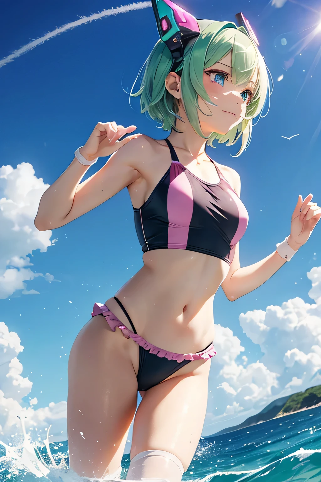 2d, masterpiece, Highest quality, アニメ, Very detailed顔, High resolution, absurdes, incredibly absurdes, full_body, Very detailed background, 1girl, blush, elbow gloves, gloves, Green Hair, Headgear, View your viewers, Blue eyes, short hair, alone, alone focus, software, black gloves, roller, White knee socks (masterpiece),(Highest quality),in 8K, a beauty girl,Full body like,((Small breasts)),((Thin thighs)),(((Berry short hair:1.3))), Nice big Blue eyes, (Eye for detail), smile, Green Hair, Hair blowing in the wind,,(Pink Swimsuit:1.3),(Sports type swimwear:1.3),(Bikini-style swimwear:1.3), There is a white line on the edge of the swimsuit,Stomach-revealing swimsuit, age Girl,((High resolution,Hmph,Pixel perfect,Depth of written boundary)),Beautiful アニメ girl, Beautiful art style,(I), (Highly detailed skin:1.3), high school student,Mature body,running, Soft Skin,coastal,Sandy Beach,evening,Shiosai,Gentle breeze,Laughter,blushing with embarrassment,look up, Overhead Configuration,Floating water droplets, Lens FLARE, Detailed features,Optimal ratio of four fingers to one thumb,perspective, Glowing White Particles, Flare, Detailed features, Perfect Anatomy Tommy, Centered, Perfect distance, Very detailed, Complex, Acura, Very detailed rich colors, Rich colors, clean, Rich colors, Exquisite details, Golden ratio illustrations , roller, Green Hair, Blue eyes, pink mecha Headgear, fully robotic!! girl, nanogirlv 2, symphogear, fully robotic!