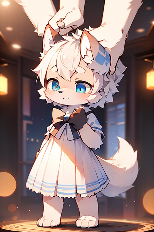 （(shy)），short white haired,( big blue eyes),anthropomorphic standing furry little wolf,((full body furry)), cute,(head bust close-up),Beautiful lights and shadows,delicate eyes,were white skirt，8k, highres, masterpiece, usharp focus, extreme detail description, professional, vivid colors, bokeh