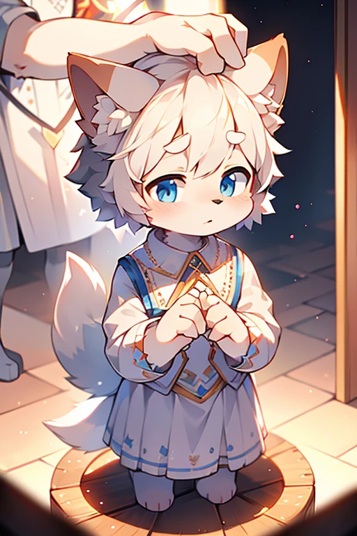 short white haired,( big blue eyes),anthropomorphic standing furry little wolf,((full body furry)), cute,(head bust close-up),Beautiful lights and shadows,delicate eyes,were white skirt，8k, highres, masterpiece, usharp focus, extreme detail description, professional, vivid colors, bokeh