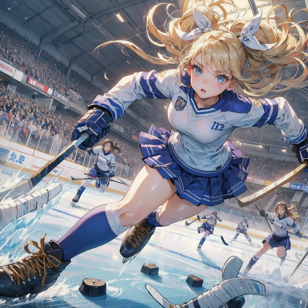 masterpiece, (textured skin), best quality, gorgeous beautiful girl, (a female ice hockey athlete), detailed clothes,large breasts,narrow waist,, (beautiful face), cinematic lighting, (at ice hockeyl venue ),