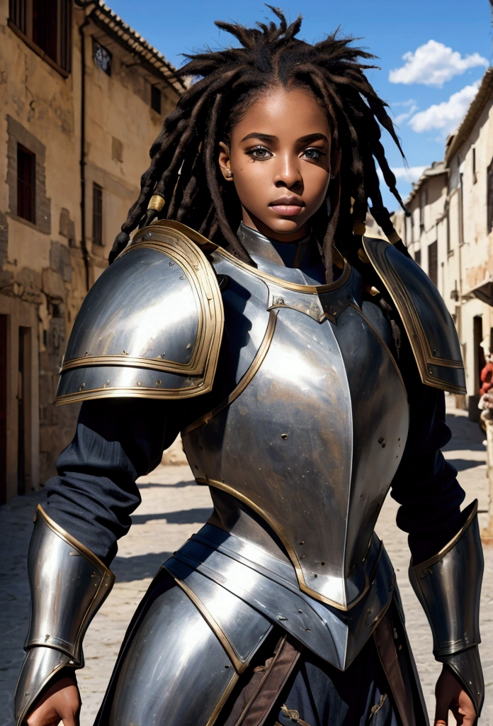 18 year old black woman、Beauty、Blonde、Warrior in armor、Exposed Armor、Dreadlocks、background　Medieval port town、high resolution