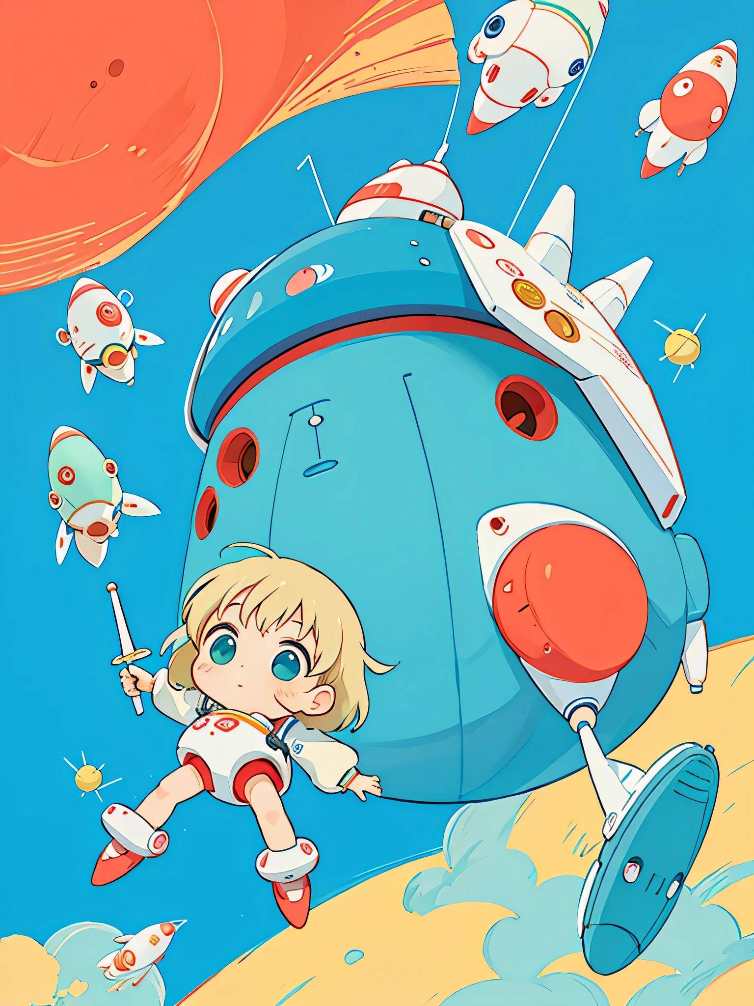 hayao miyazaki colorful style, Kawaii Design, The most beautiful girl of all time、chibi, (((Cute spaceship))) , Mars exploration、
