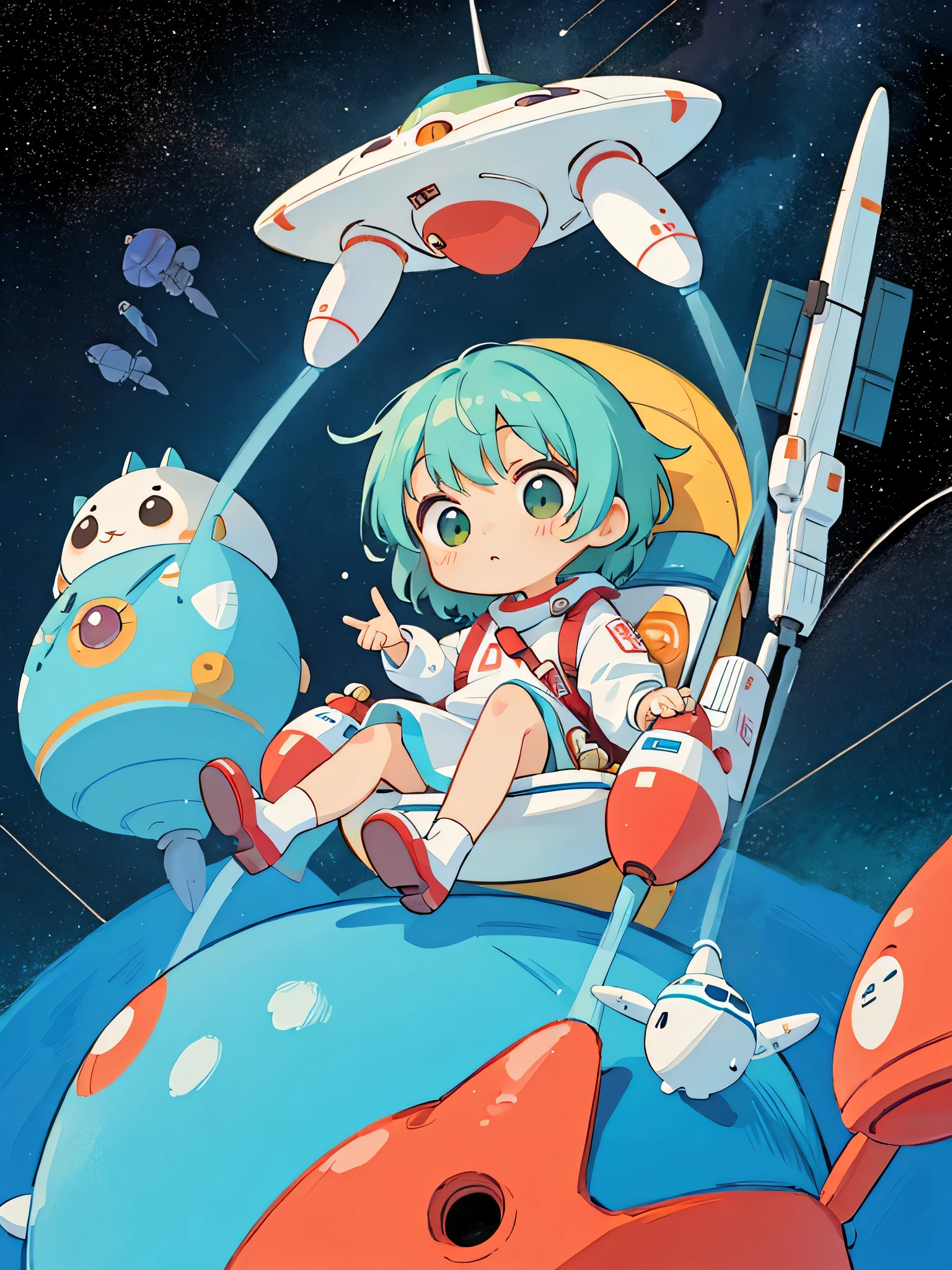 hayao miyazaki colorful style, Kawaii Design, The most beautiful girl of all time、chibi, (((Cute spaceship))) , Mars exploration、