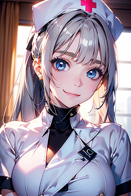 Portrait、、Bright expression、ponytail、Young, shiny, glossy skin、Gloss Face、Shining Cheek Gloss、Small Face Beauty、The best beauty、The dazzling light of silky silver hair、Bright blonde hair with dazzling highlights、Very beautiful silver hair、super long silky straight hair、Her shiny, beautiful bangs are covering her eyes.、Sparkling, clear, attractive, bright, large, pale blue eyes、Very big eyes、eyeliner、very beautiful lovely cute 16 year old girl、(huge Bust:1.6), full body , (smile:1.2) , (normal skin :1.3), wearing white nurse uniform , in hospital , nurse cap 