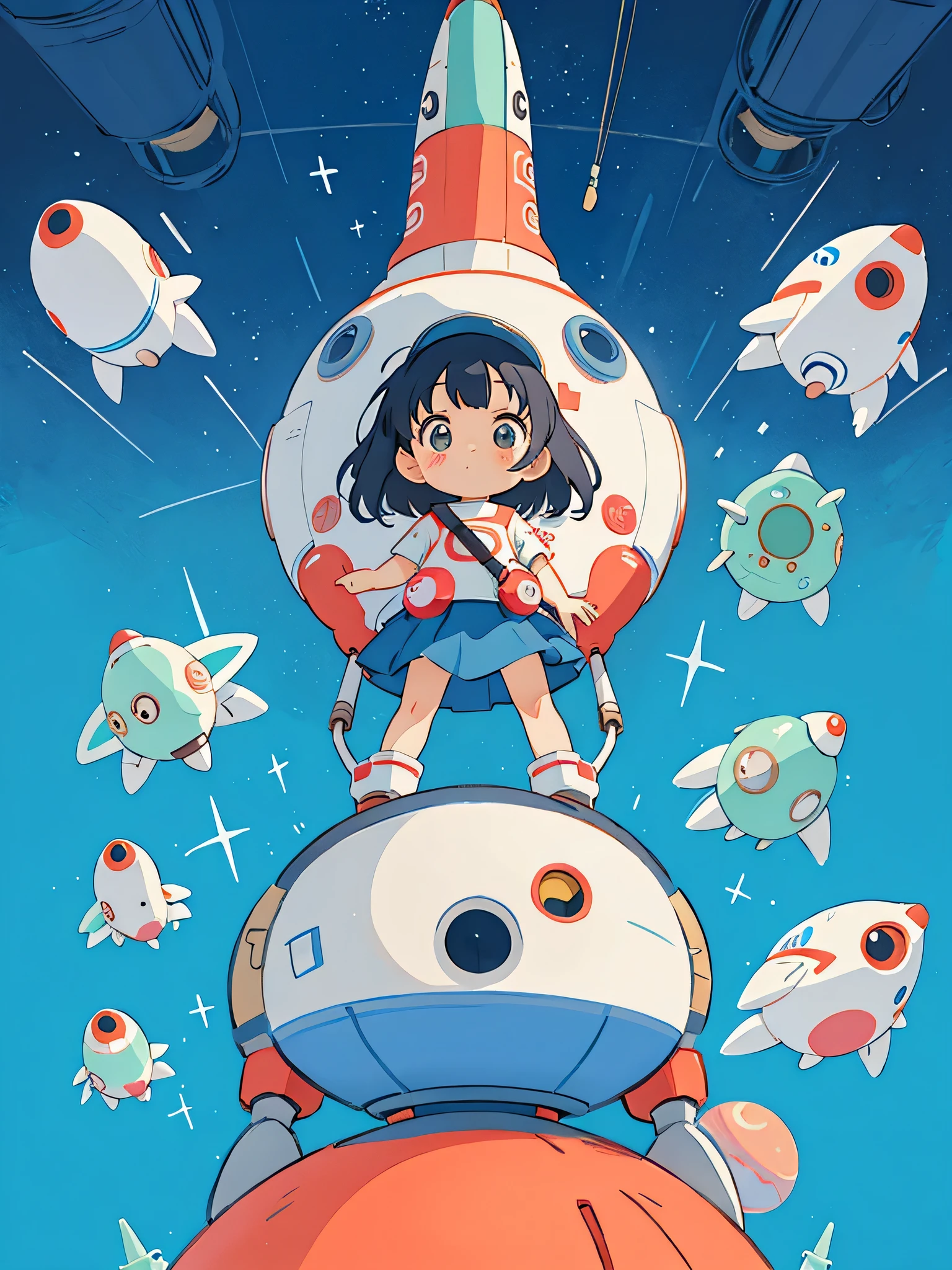 hayao miyazaki colorful style, Kawaii Design, The most beautiful girl of all time、chibi, (((Cute spaceship))) , Mars exploration、