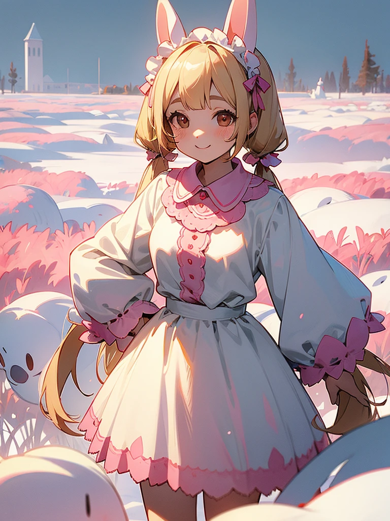 Blonde twin tails, droopy bunny ears head dress, pink lace collar dress, big smile on snowy field, skeleton dog, cute ghost girl, Brown Eyes