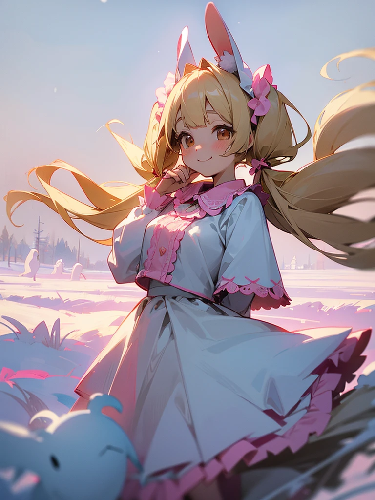 Blonde twin tails, droopy bunny ears head dress, pink lace collar dress, big smile on snowy field, skeleton dog, cute ghost girl, Brown Eyes