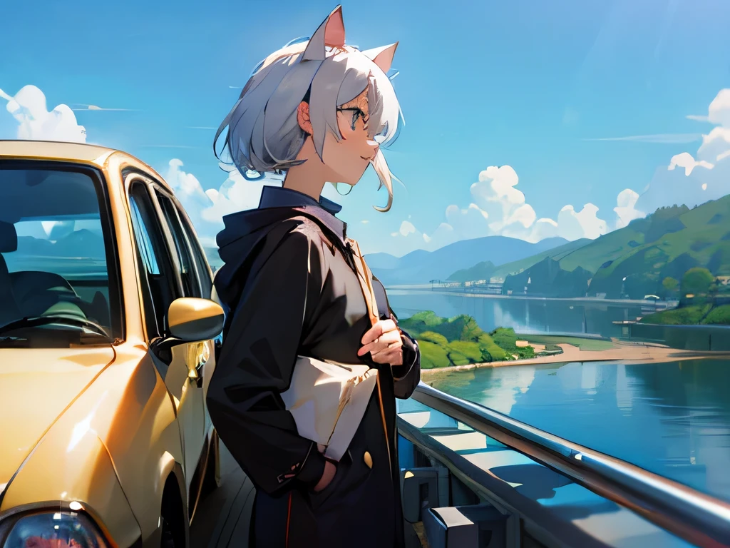 White-haired cat-eared girl、car、Cat Eyes、Blue sky、Anime atmosphere、View from the passenger seat、sunglasses、profile