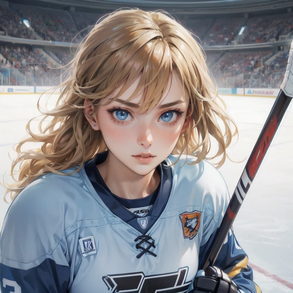 masterpiece, (textured skin), best quality, gorgeous beautiful girl, (a female ice hockey athlete), detailed clothes,large breasts,narrow waist,, (beautiful face), cinematic lighting, (at ice hockeyl venue ),