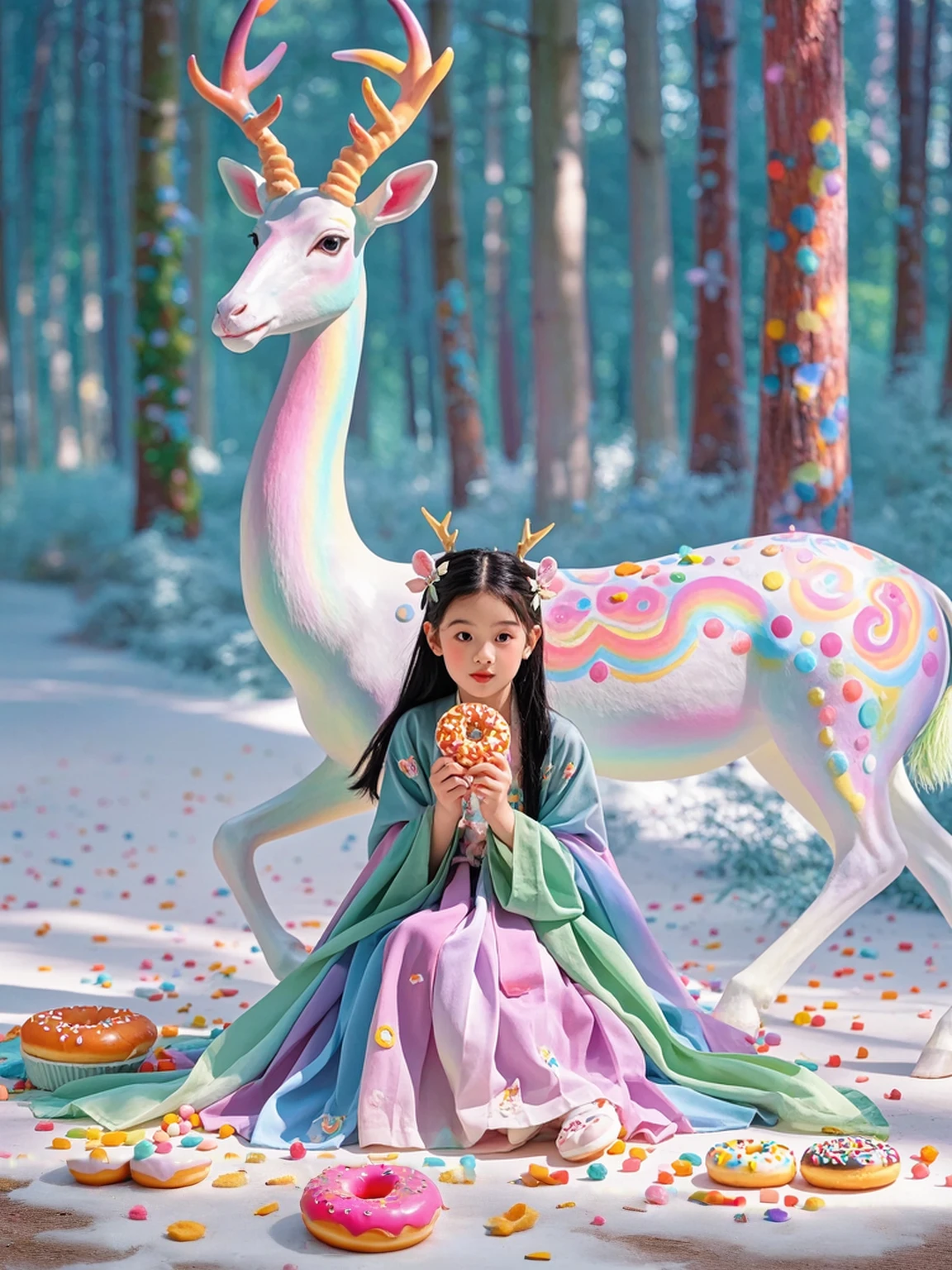 Surreal photos，Nine-Colored Deer Guardian，High-resolution photos，The beautiful nine-colored deer in mythology，A peaceful and dreamy scene，A  girl in Hanfu sits next to a mysterious nine-colored deer，(((Eating donuts)))，Donut crumbs fell on the ground，Bitten donut，Detailed donut eating action，The littleis very cute，Detailed facial details，The background is a magical forest full of spirituality，Create a soft and ethereal atmosphere。The overall composition is beautiful