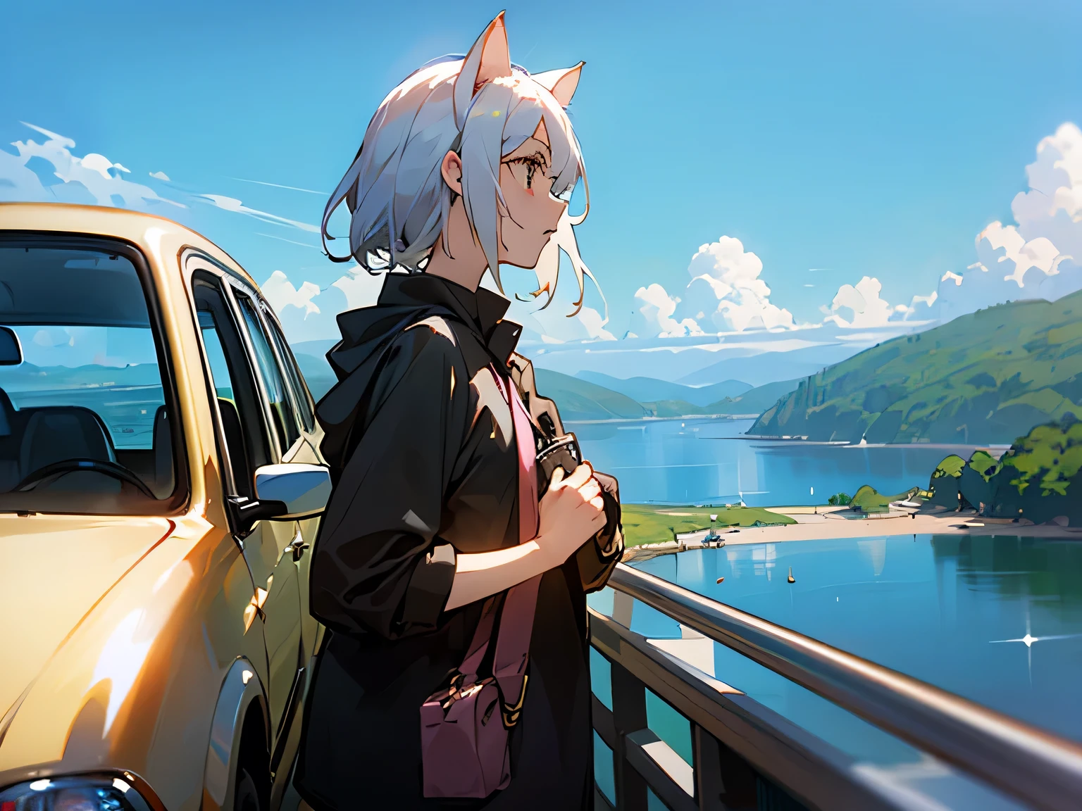 White-haired cat-eared girl、car、Cat Eyes、Blue sky、Anime atmosphere、View from the passenger seat、sunglasses、profile