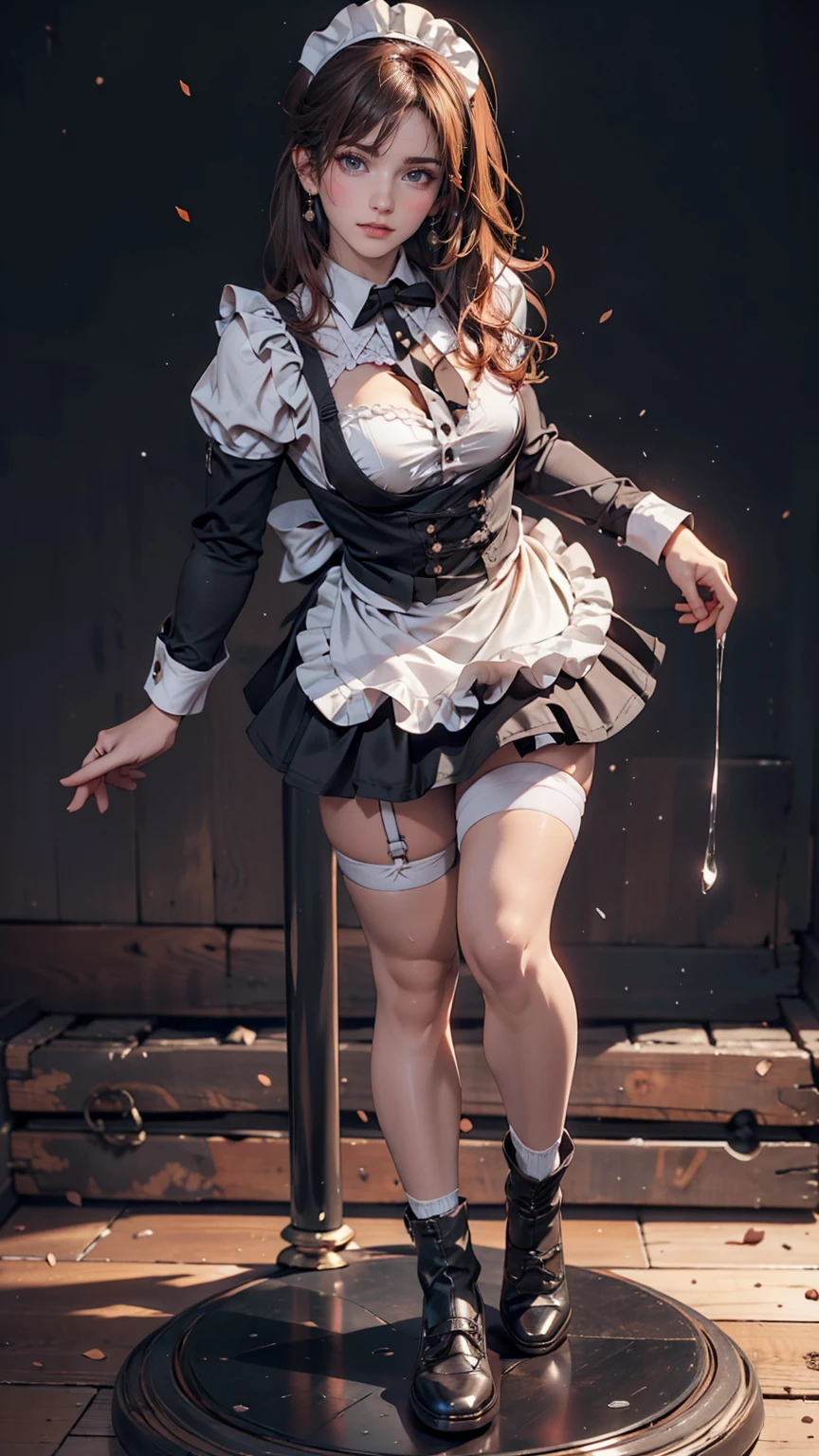 masterpiece,(Highest quality, figure,Detailed face:1.3),(One girl,alone:1.3),Beautiful attention to detail,  apron, Slope_background, Slope, Maid, Purple eyes,red hair,Small breasts,, break, enMaided, white_apron, black_dress, ponytail, black_footwear, frills_apron, dress, Maid_apron, Alternative_hair,very long hair, Split_ponytail, Hello 