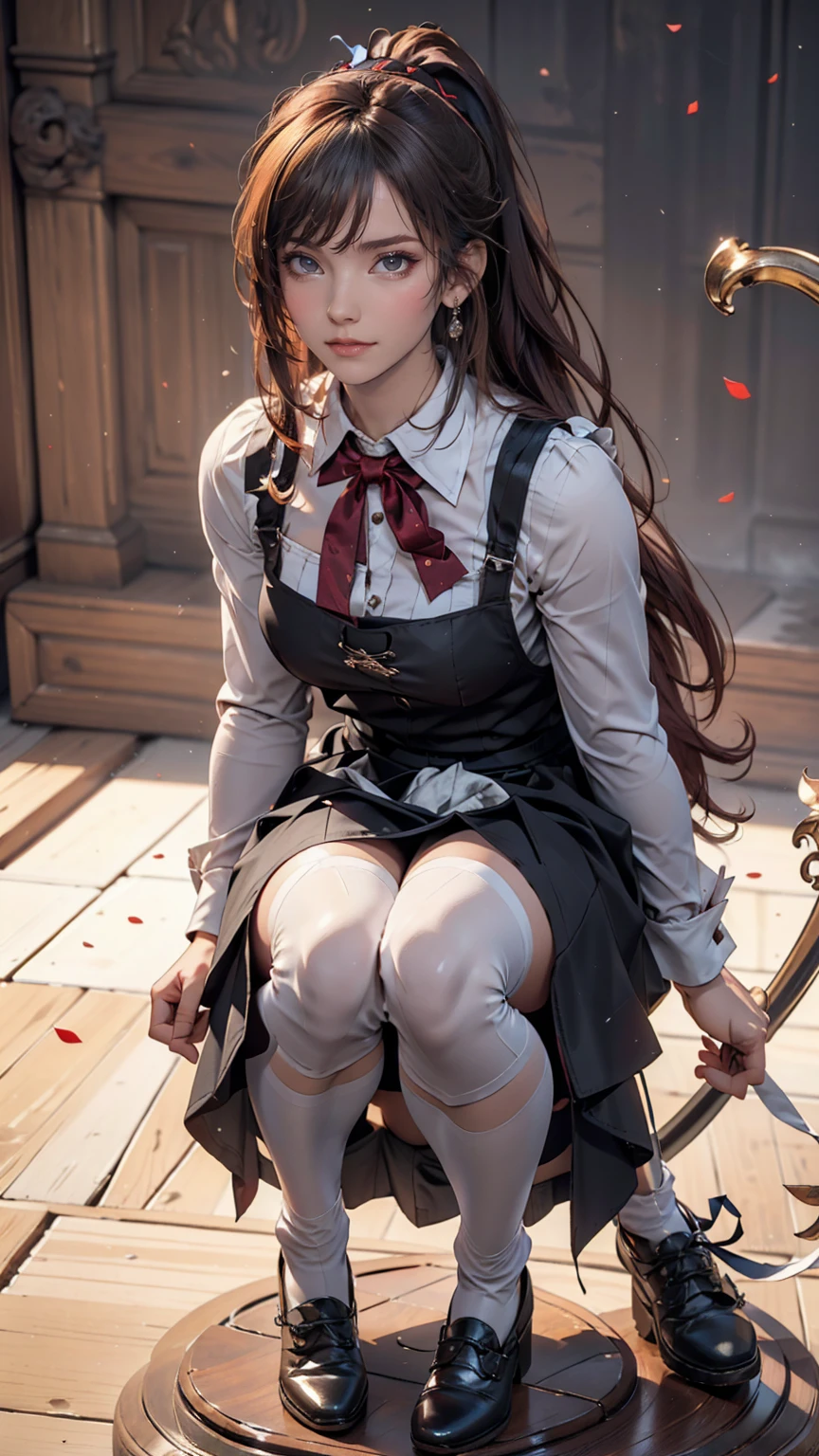 masterpiece,(Highest quality, figure,Detailed face:1.3),(One girl,alone:1.3),Beautiful attention to detail,  apron, Slope_background, Slope, Maid, Purple eyes,red hair,Small breasts,, break, enMaided, white_apron, black_dress, ponytail, black_footwear, frills_apron, dress, Maid_apron, Alternative_hair,very long hair, Split_ponytail, Hello 
